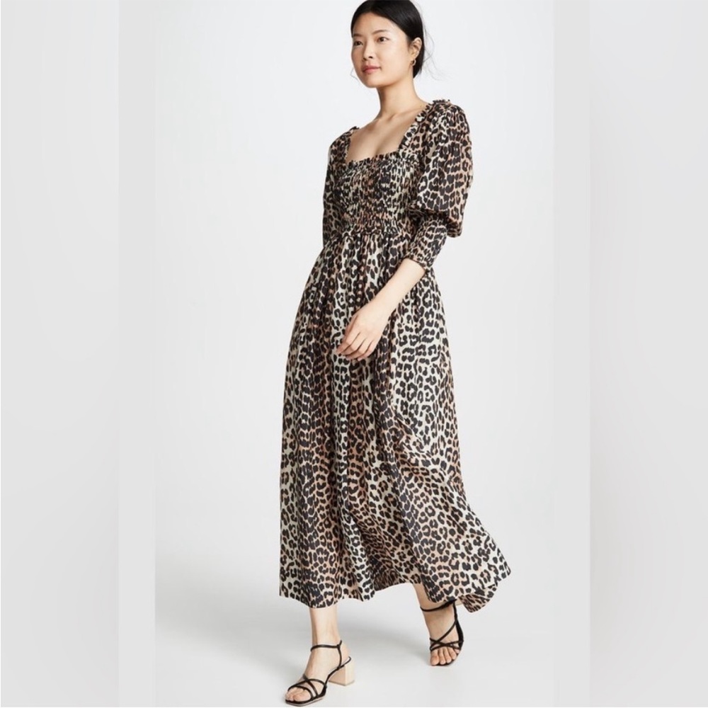 Ganni Leopard Print Puff-Sleeve Maxi Dress in Brown and Black